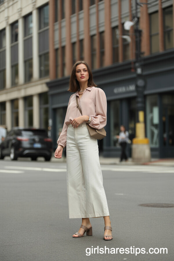 Blush Pink Blouse & Off-White Wide-Leg Pants