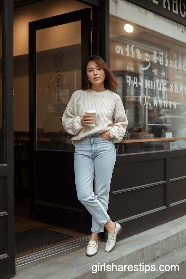 Textured Knit Sweater and Light Jeans Outfit