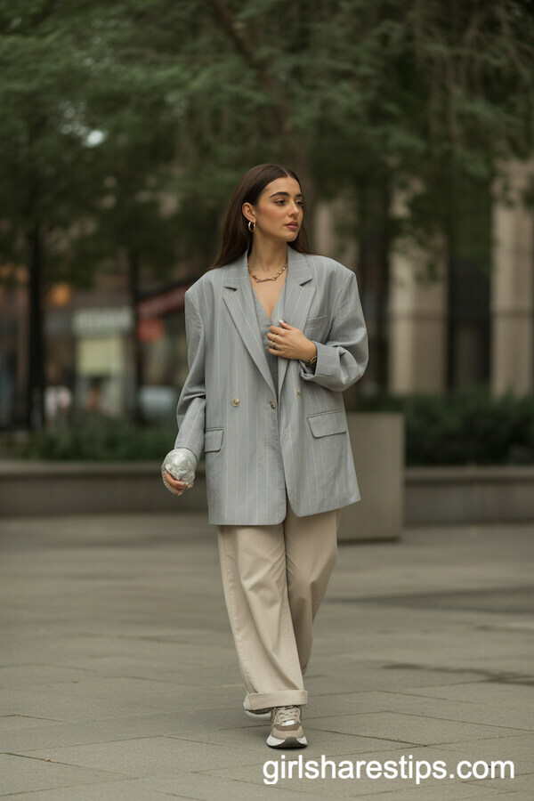 Oversized Gray Blazer & Vest with Beige Slacks