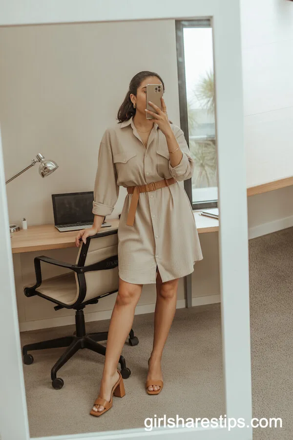 Beige Shirt Dress with Tan Belt