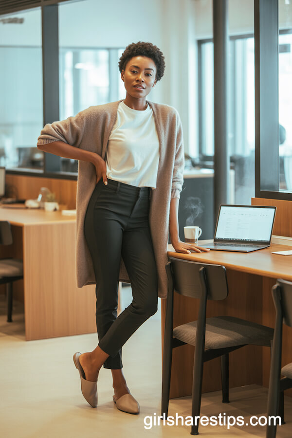 Light Brown Cardigan Black Pants Combo