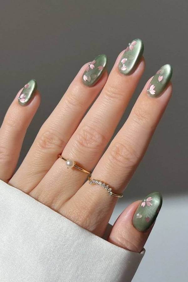 Olive Green Floral Cat Eye Nails