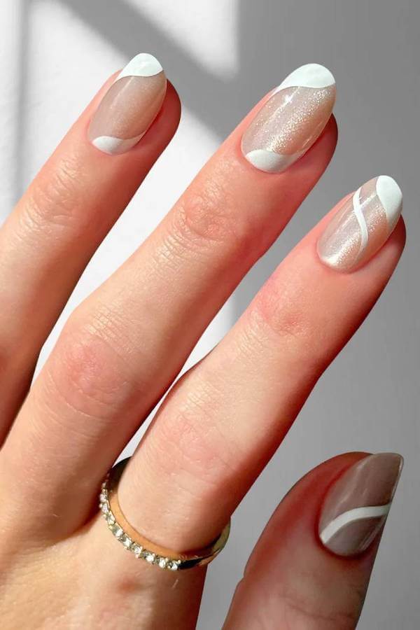 White Abstract French Cat Eye Nails