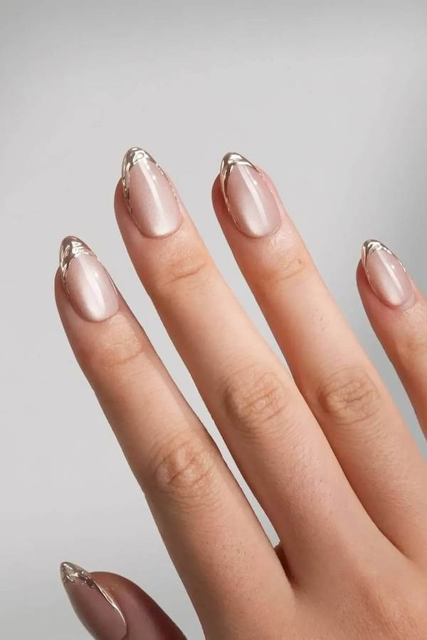 Metallic French Tip Cat Eye Nails
