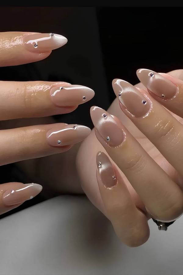Nude Cat Eye Nails with Rhinestones