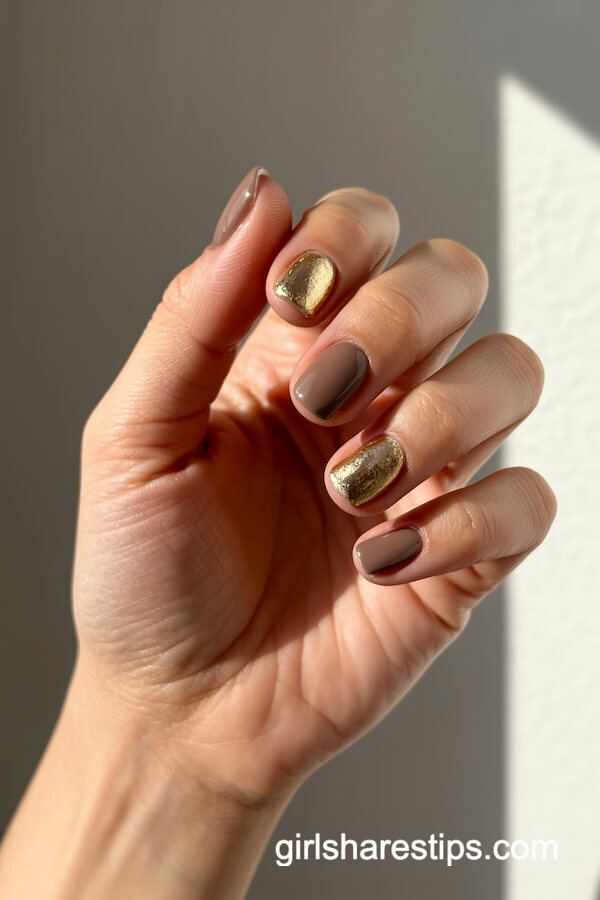 Sandy brown square nails with foil accents