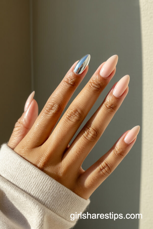 Creamy nude almond nails with chrome accent
