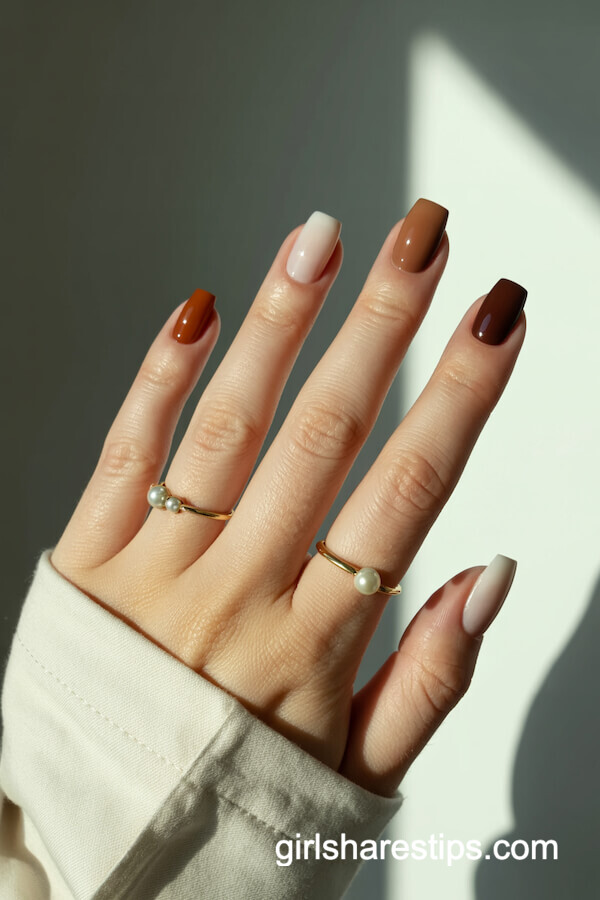 Gradient brown and beige square nails