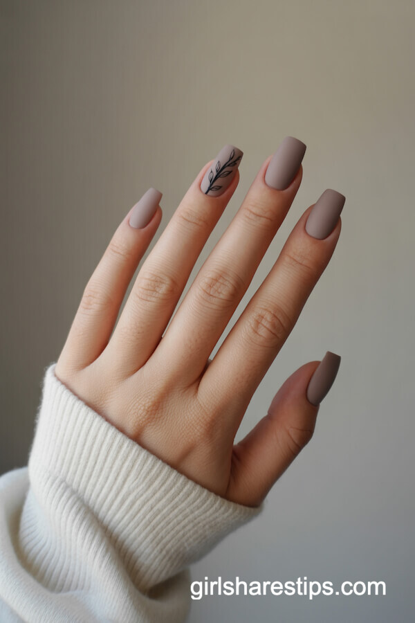 Matte taupe square nails with leafy branch
