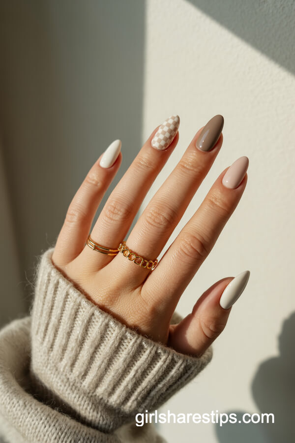Almond neutral nails with checkerboard