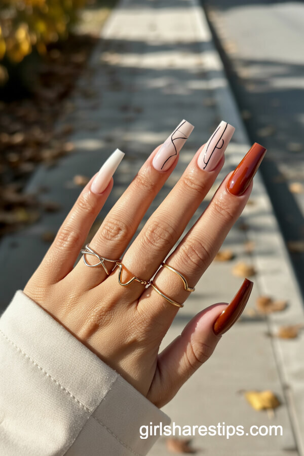 Coffin nails in fall neutrals with designs