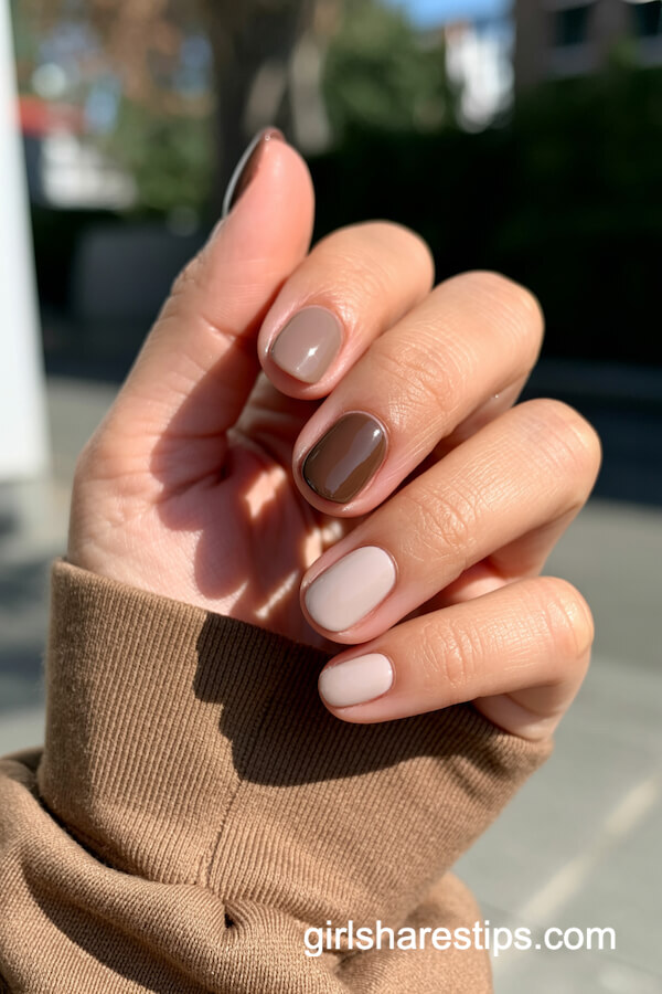 Short taupe oval nails in alternating shades