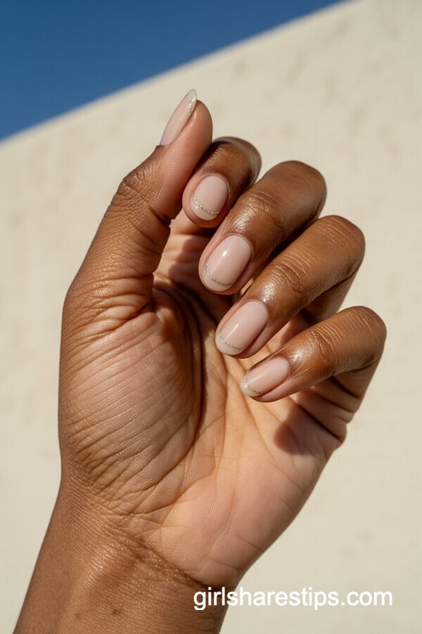 Matte nude oval nails with linework