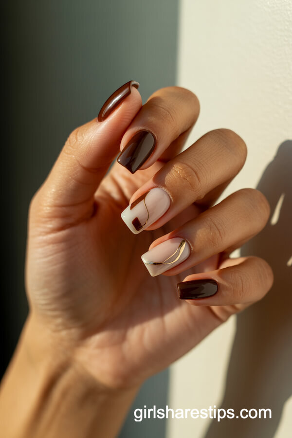 Chocolate brown coffin nails with abstract art