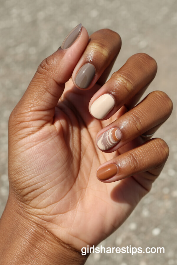 Neutral short nails with unique designs