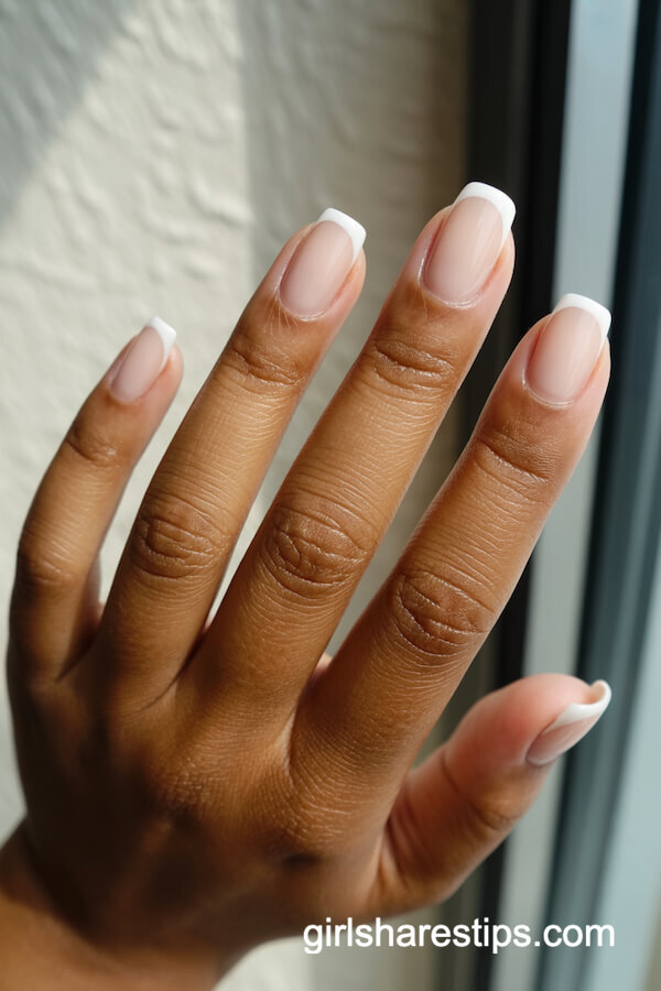 Buttery beige square nails with French tips
