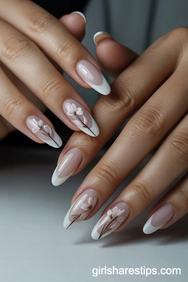 Long Squoval Milky Neutral Nails with Floral Stems