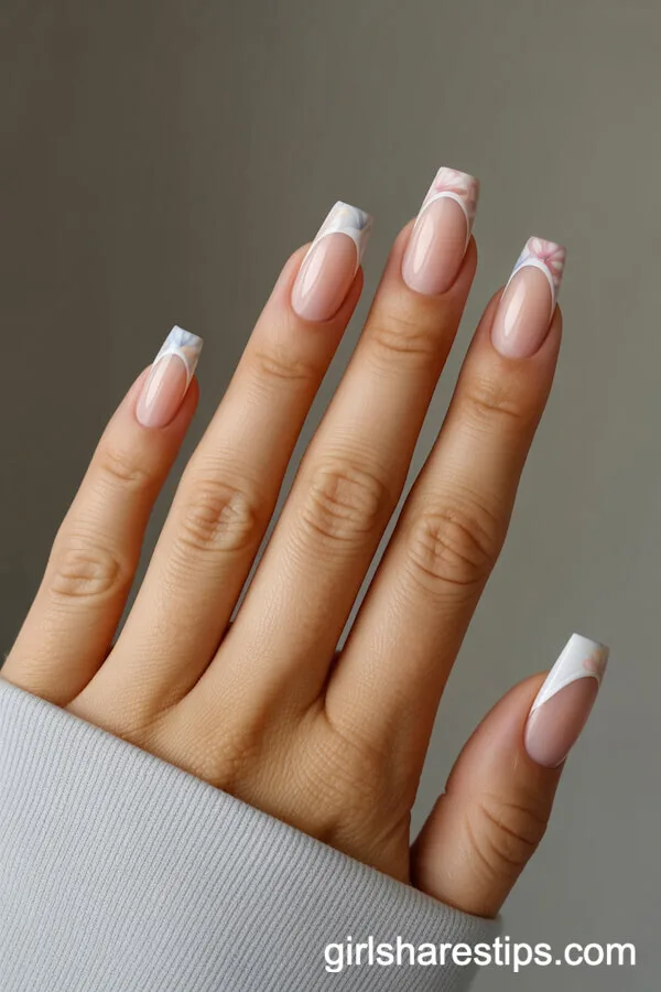 Coffin Neutral French Nails with Pastel Floral Line Tips