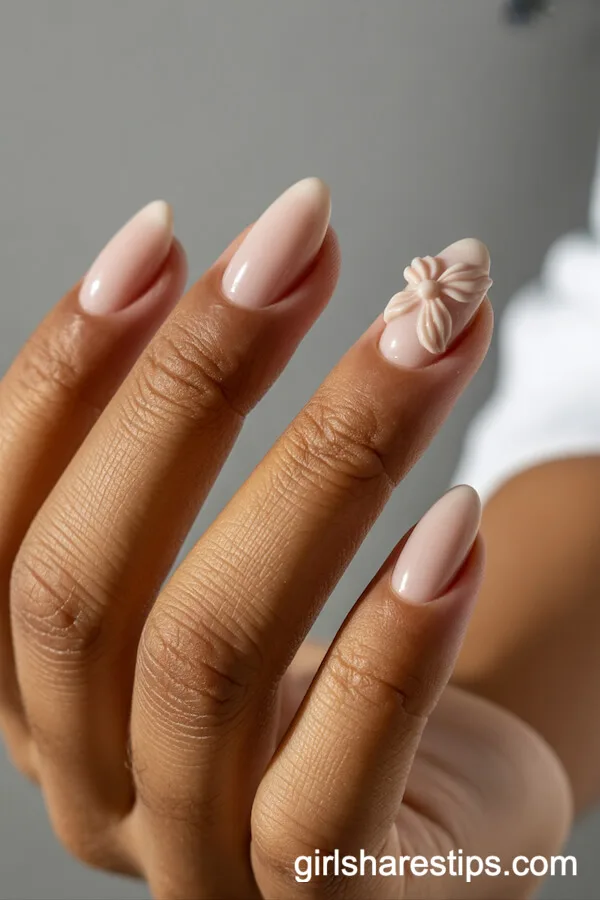 Nude Short Oval Nails with 3D Blossom Details
