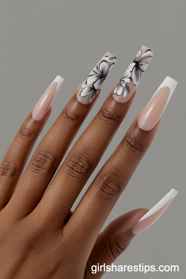 Long Nude Coffin Nails with Monochrome Floral Patterns