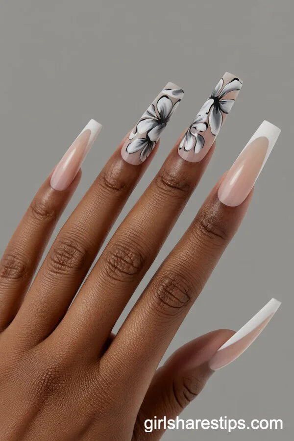 Long Nude Coffin Nails with Monochrome Floral Patterns