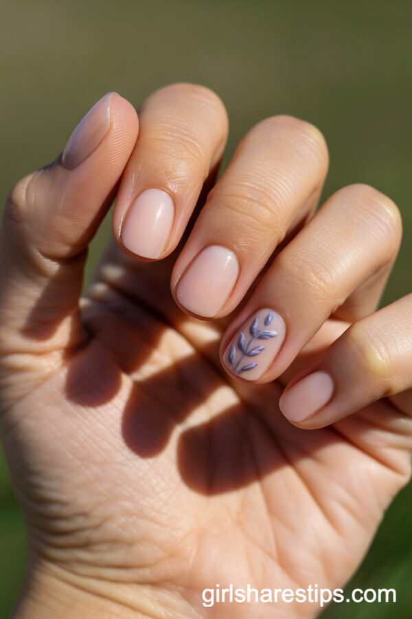 Short Natural Pinky-Beige Nails with Lavender Sprigs