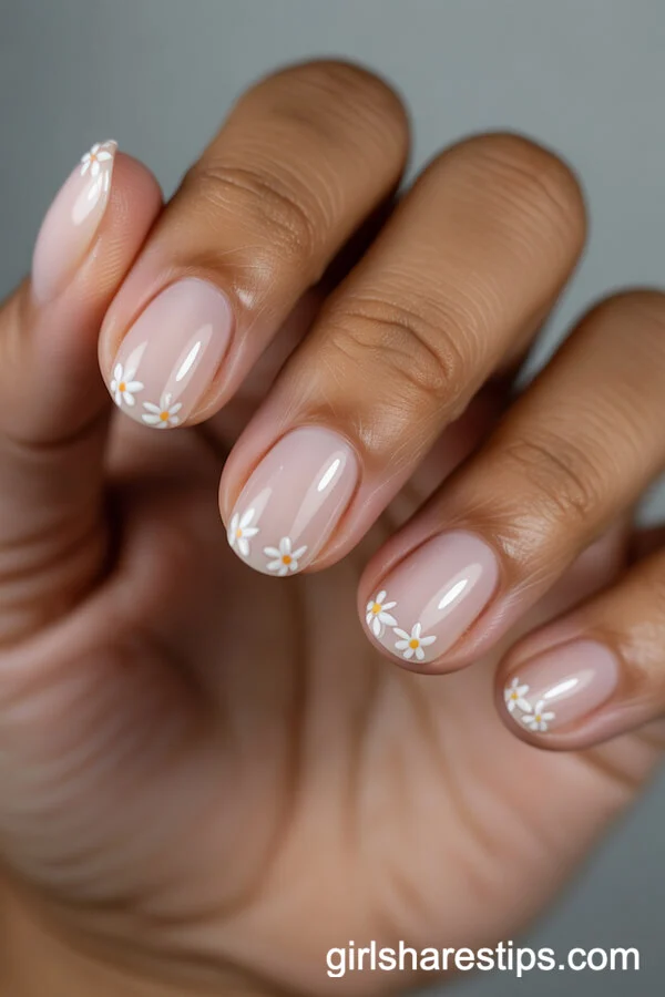 Pale Pink Oval Nails with Tiny White Flowers on Tips