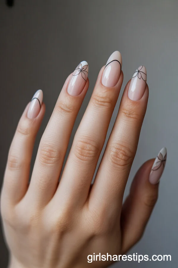 Almond Creamy Neutral Nails with Modern Floral Line Edges