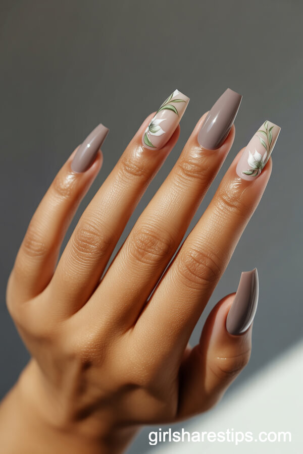Coffin Taupe Nails with White and Green Floral Accents