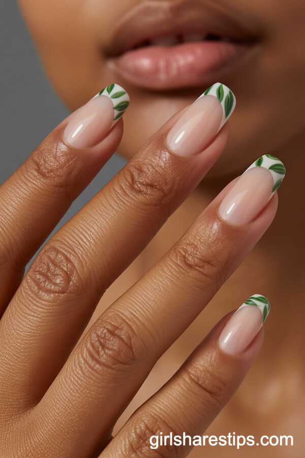 Squoval Beige Nails with Green Botanical French Tips