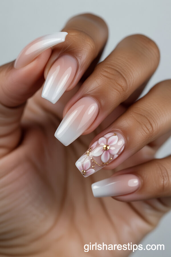 Nude Ombre Coffin Nails with Pink and Gold Shimmer Florals