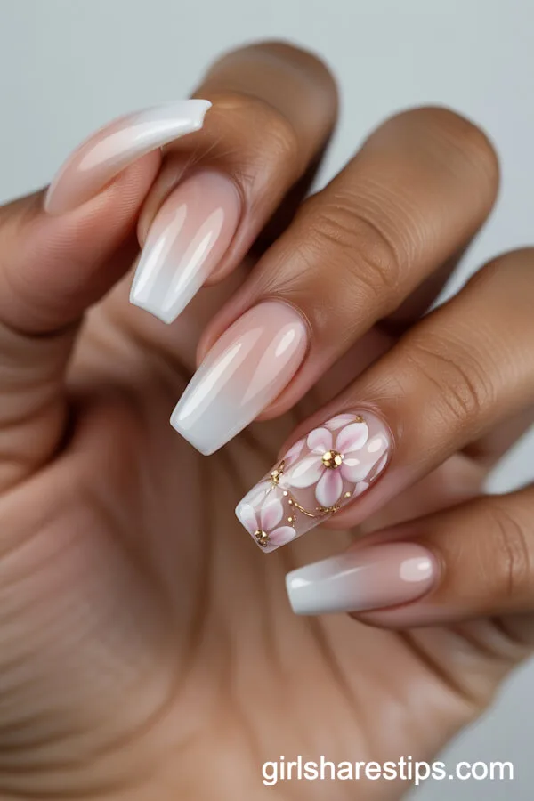 Nude Ombre Coffin Nails with Pink and Gold Shimmer Florals