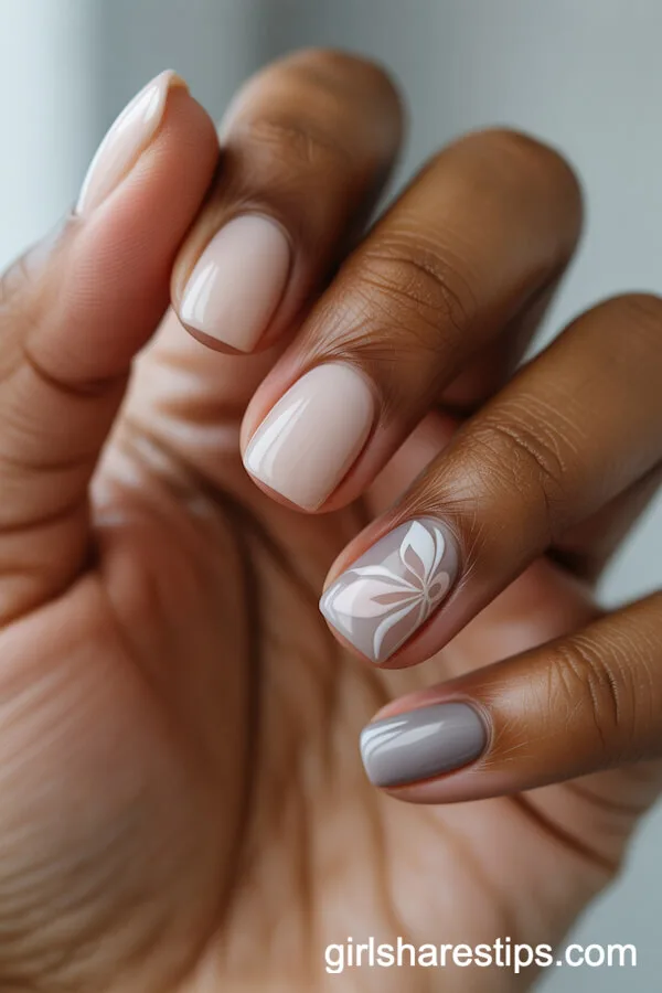 Square Nude Nails with Minimalist White and Gray Florals