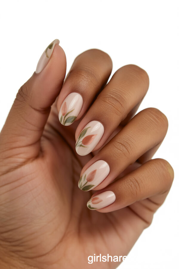 Oval Beige Nails with Watercolor Peach and Olive Floral Art