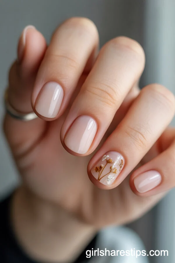Short Natural Nails with Dried Flower Accent