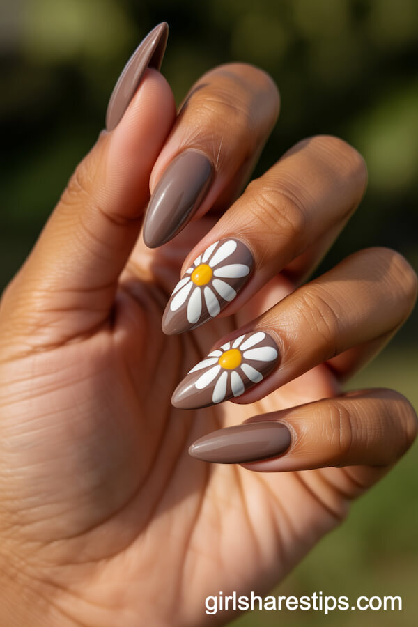 Mocha Stiletto Nails with Bold White Daisy Designs