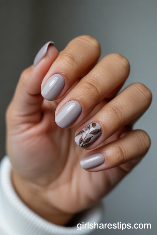Squoval Greige Nails with Leafy Botanical Designs