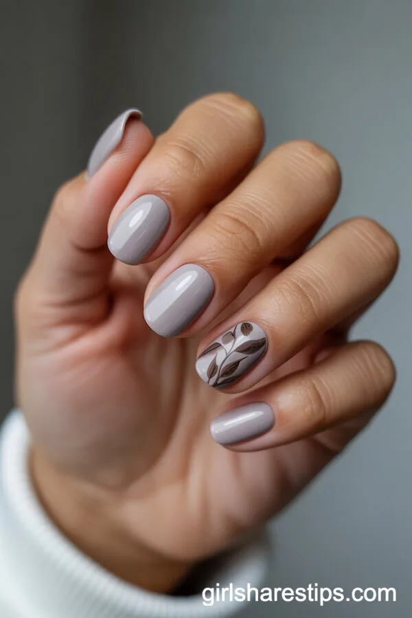 Squoval Greige Nails with Leafy Botanical Designs