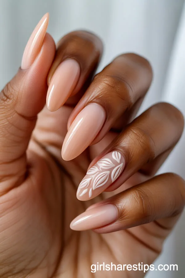 Almond Peach Nude Nails with Embossed White Petals