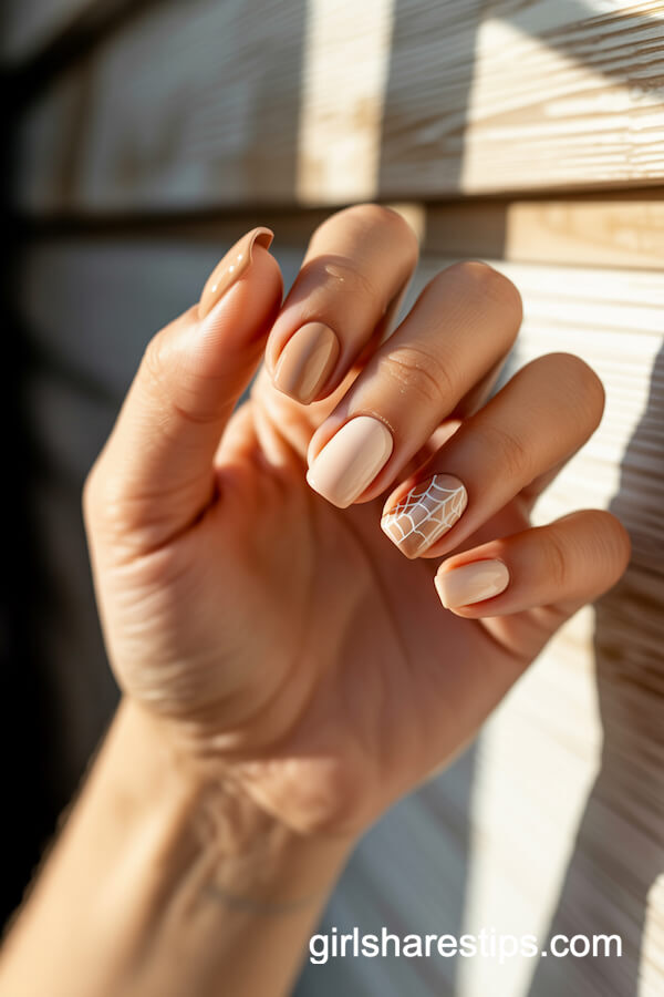 Warm beige and cream nails with white spider web accents