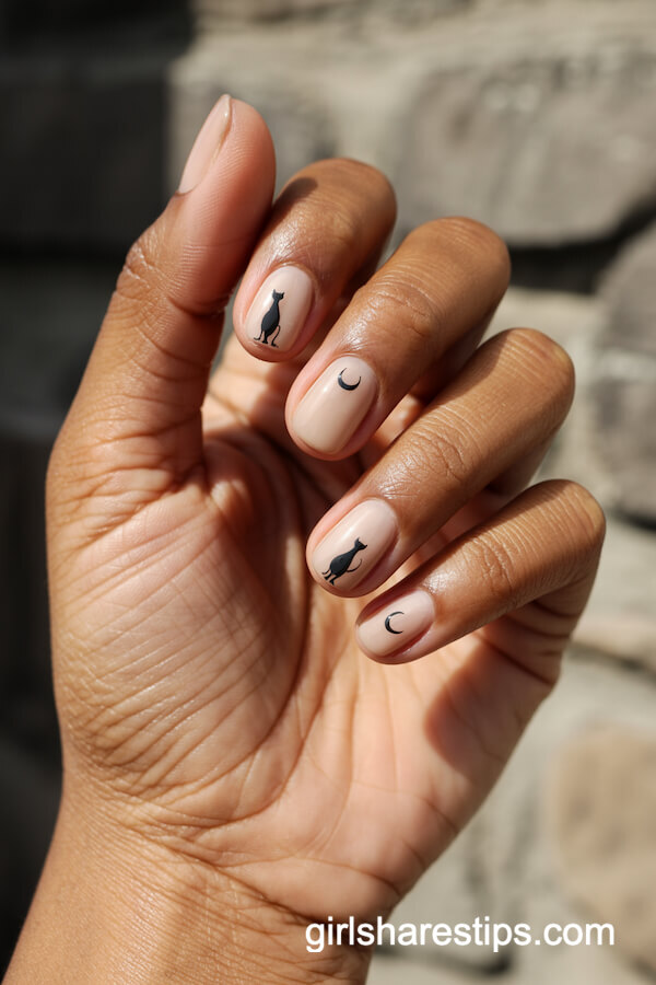 Sand-colored nails with black cat and crescent moon accents