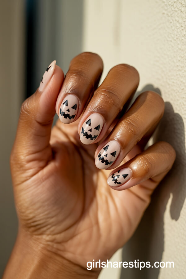 Nude pink nails with geometric jack-o'-lantern faces
