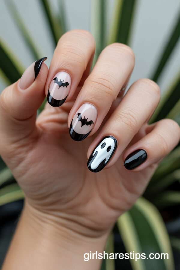 Nude nails with black bats, drip tips, and a ghost face