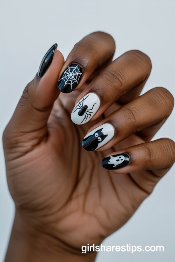 Alternating black and white nails with spider, cat, and ghost designs