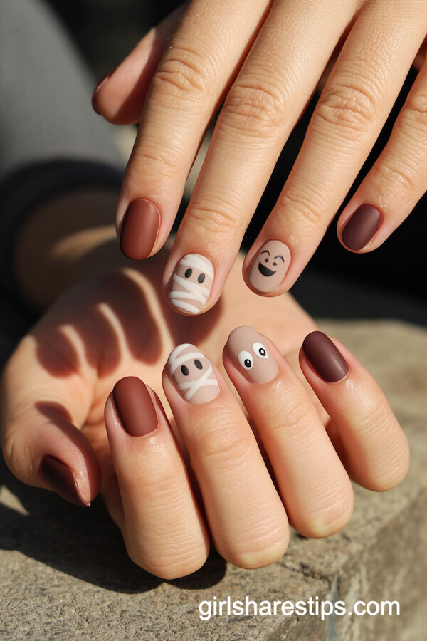 Matte brown and beige nails with ghosts and mummy cartoons