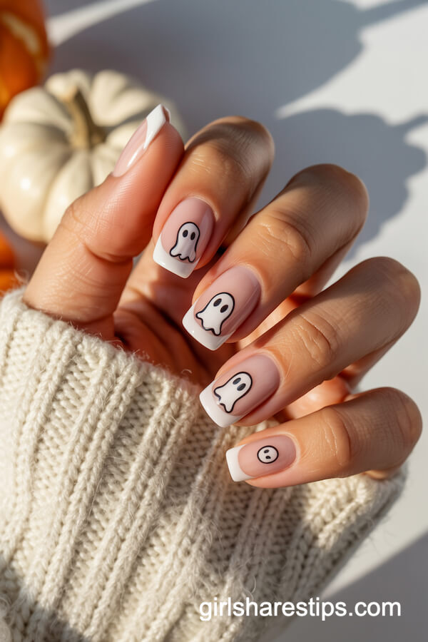 Clear nude nails with ghost-outlined French tips