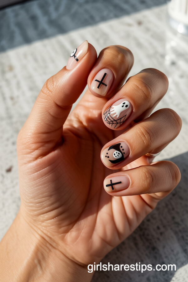 Matte nude and off-white nails with assorted Halloween accents