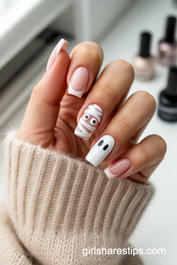 Soft pink-nude nails with mummy wrap and ghost French tips