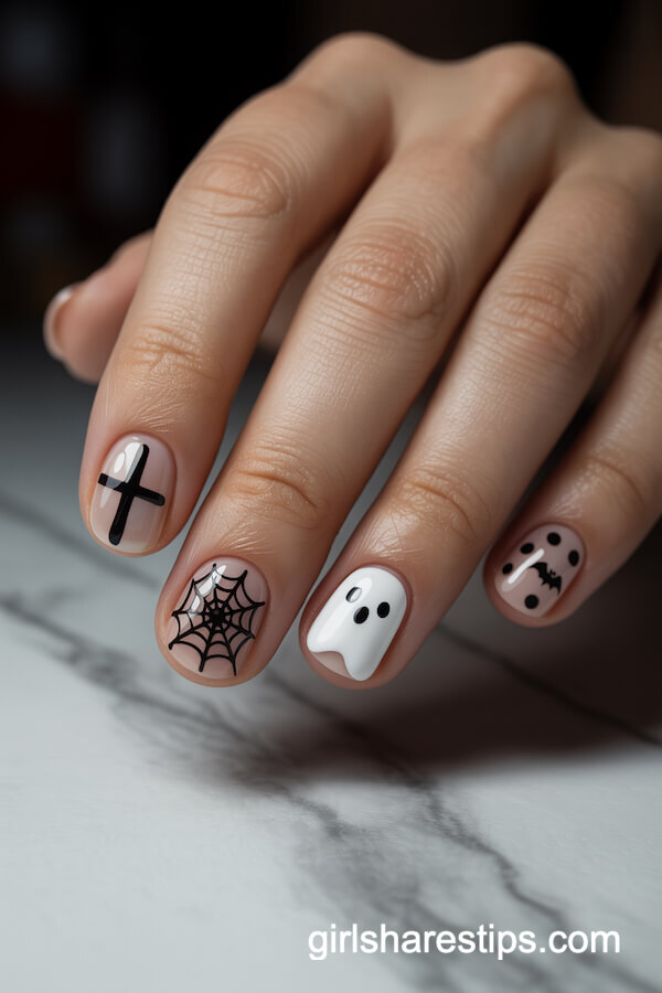 Sheer nude nails with varied black and white Halloween art