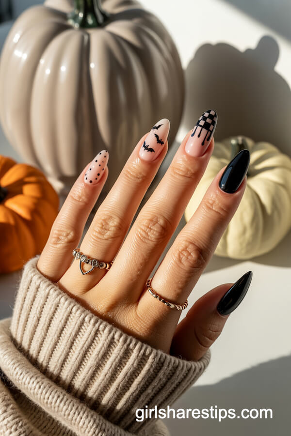 Almond nails with bats, checkerboard, drip tips, and polka dots